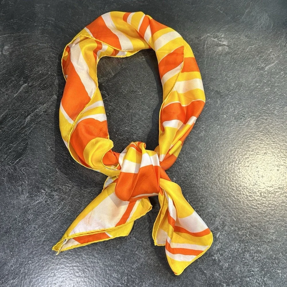 Vintage 60s ECHO 100% Silk Scarf Orange, Yellow & White Striped 64 X 15